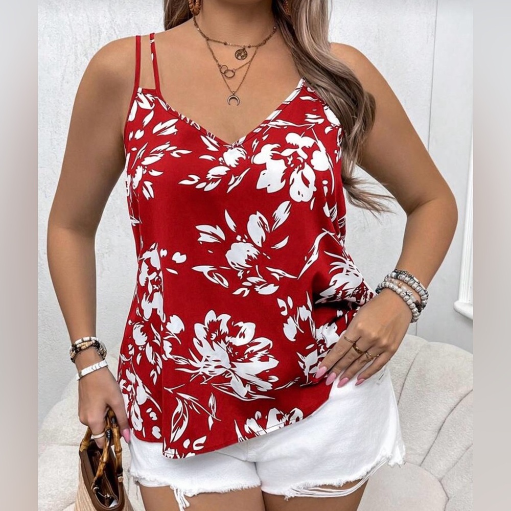Floral Red and White Women's Top